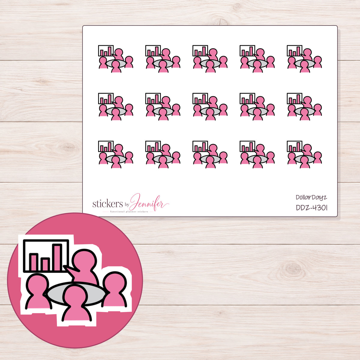 Pink Meeting Presentation Planner Stickers | DDZ-4301 — 4 × 3 inch sheet and enlarged sticker detail