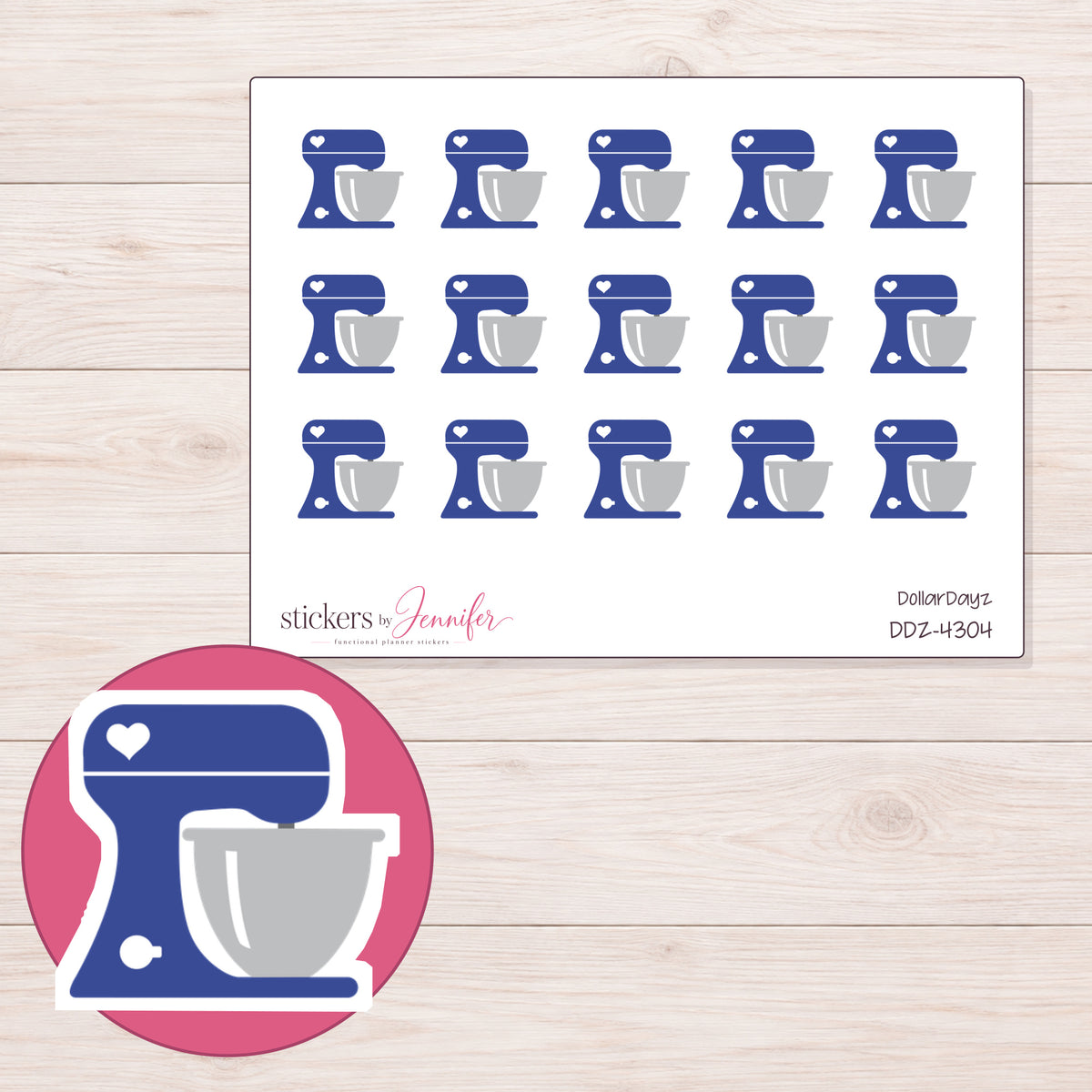Navy Heart Stand Mixer Planner Stickers | DDZ-4304 — 4 × 3 inch sheet and enlarged sticker detail