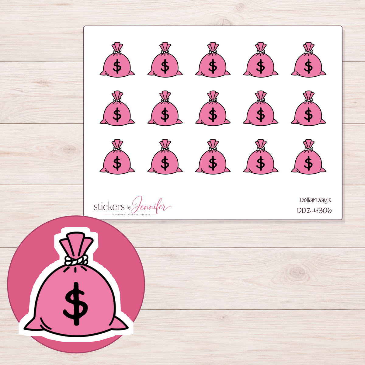 Pink Money Bag Planner Stickers | DDZ-4306 — 4 × 3 inch sheet and enlarged sticker detail