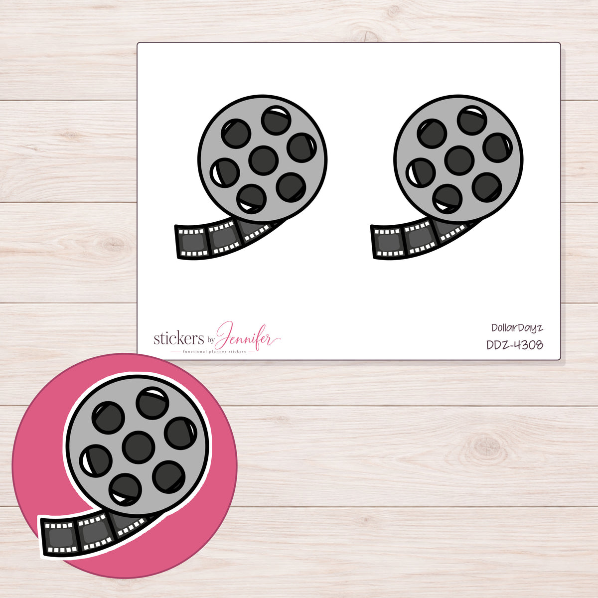 Film Reel Planner Stickers | DDZ-4308 — 4 × 3 inch sheet and enlarged sticker detail