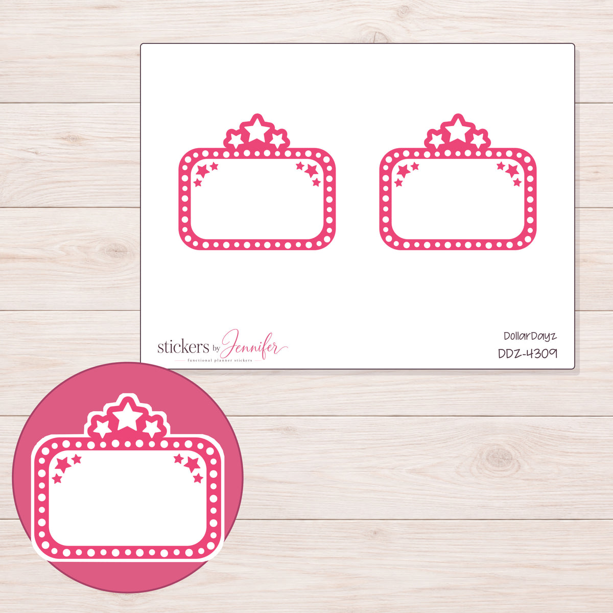 Pink Star Movie Marquee Planner Stickers | DDZ-4309 — 4 × 3 inch sheet and enlarged sticker detail