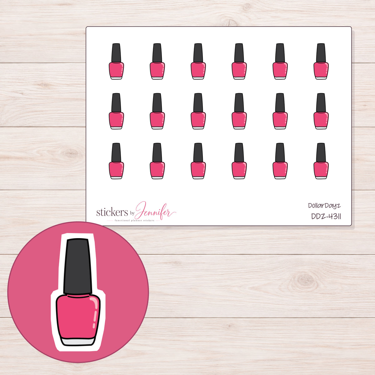 Pink Nail Polish Bottle Planner Stickers | DDZ-4311 — 4 × 3 inch sheet and enlarged sticker detail