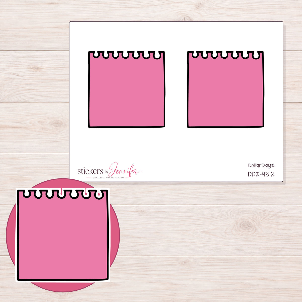 Pink Spiral Notepad Planner Stickers | DDZ-4312 — 4 × 3 inch sheet and enlarged sticker detail