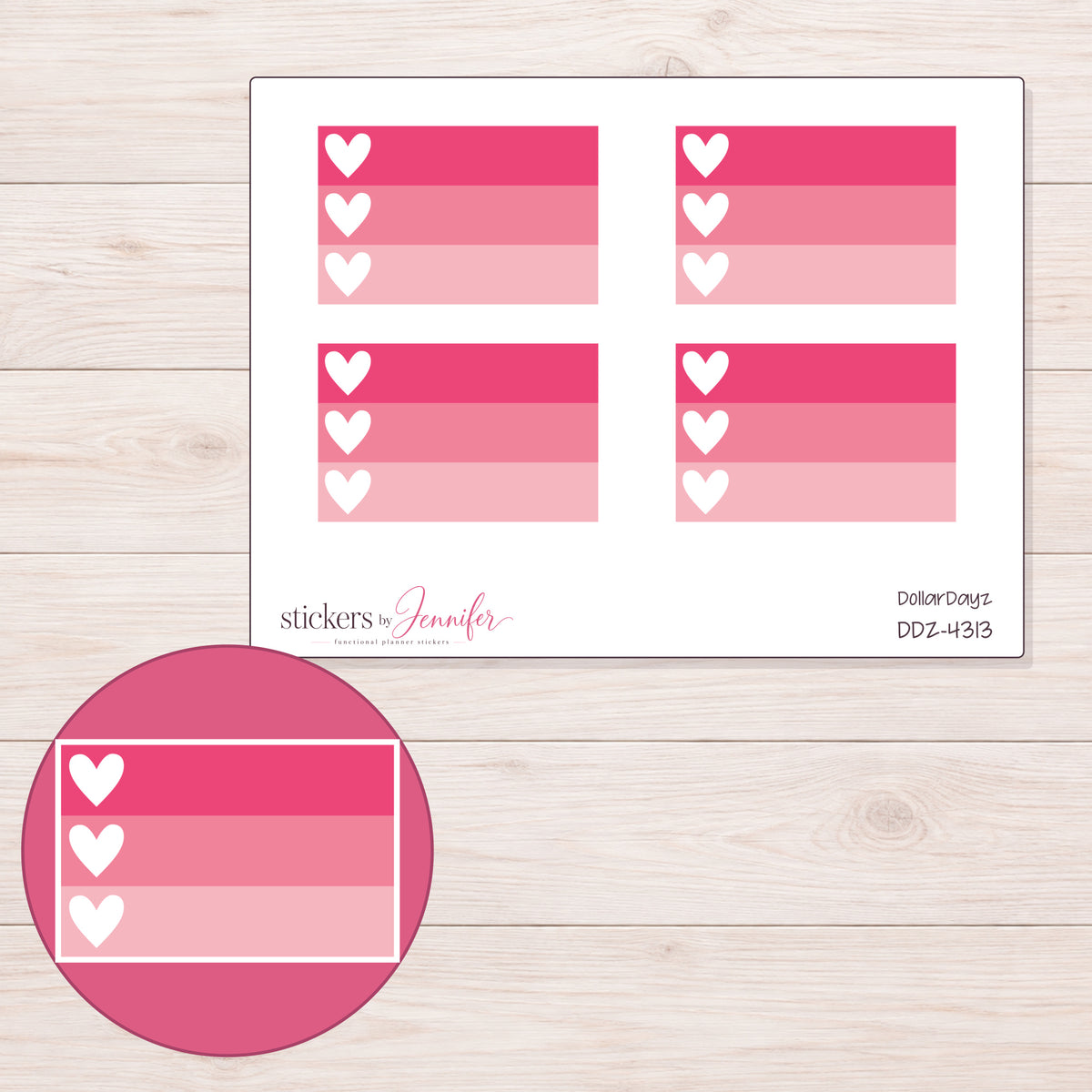 Pink Ombre Heart Checklist Planner Stickers | DDZ-4313 — 4 × 3 inch sheet and enlarged sticker detail
