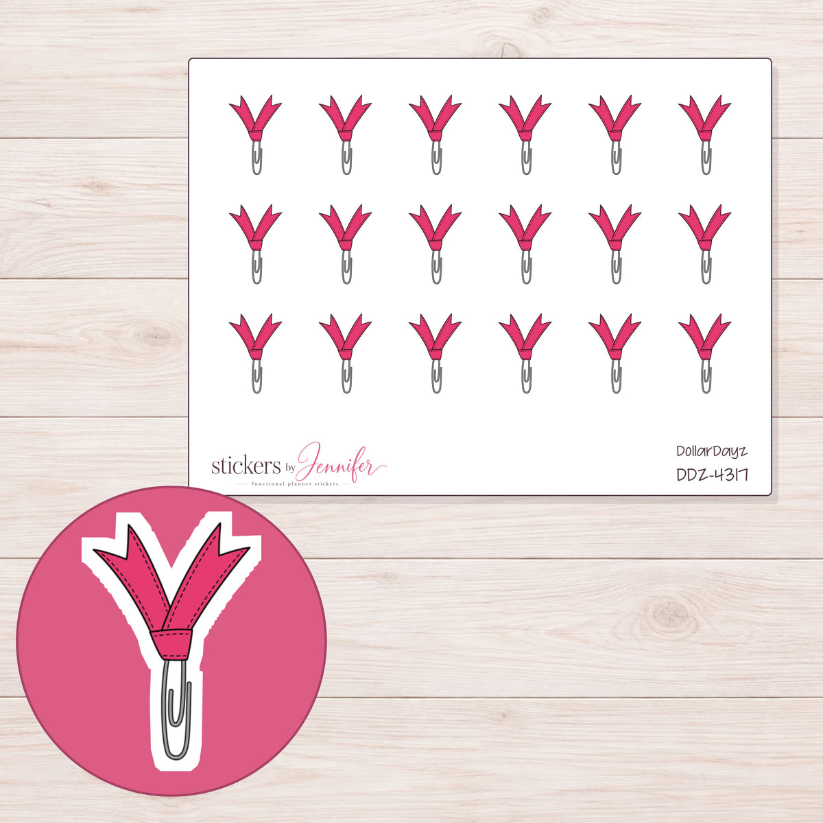 Pink Ribbon Paper Clip Planner Stickers | DDZ-4317 — 4 × 3 inch sheet and enlarged sticker detail