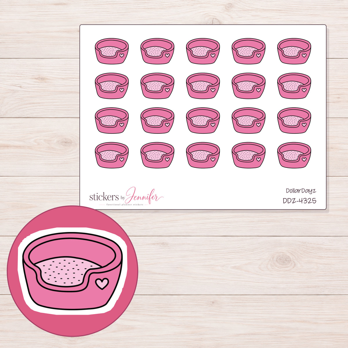 Pink Heart Pet Bed Planner Stickers | DDZ-4325 — 4 × 3 inch sheet and enlarged sticker detail