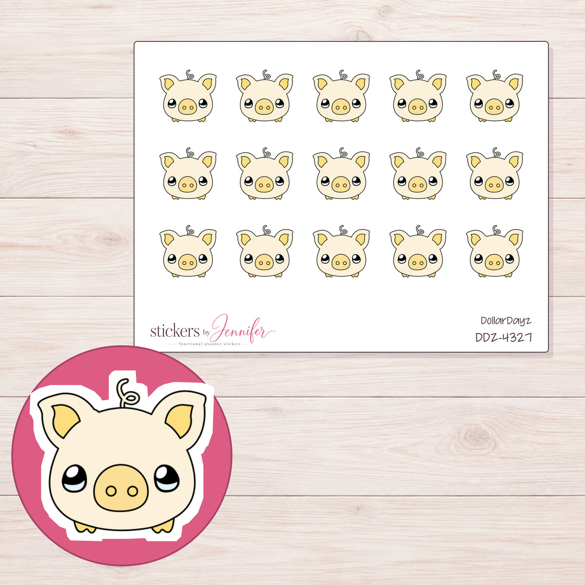 Cream Piggy Bank with Coin Planner Stickers | DDZ-4327 — 4 × 3 inch sheet and enlarged sticker detail
