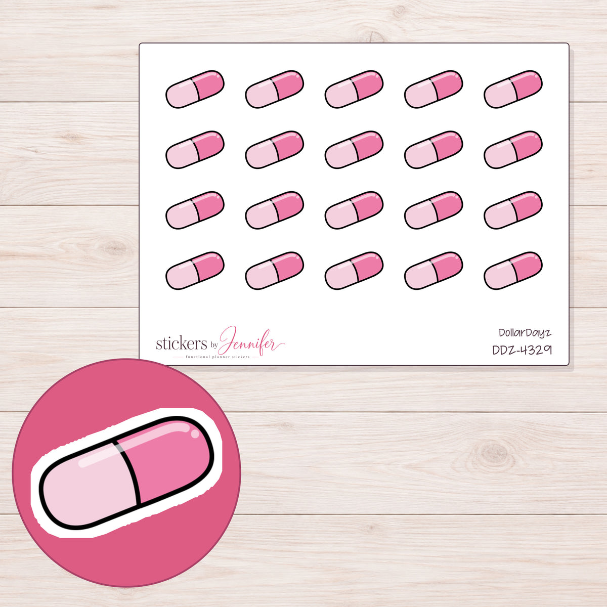 Pink Capsule Planner Stickers | DDZ-4329 — 4 × 3 inch sheet and enlarged sticker detail