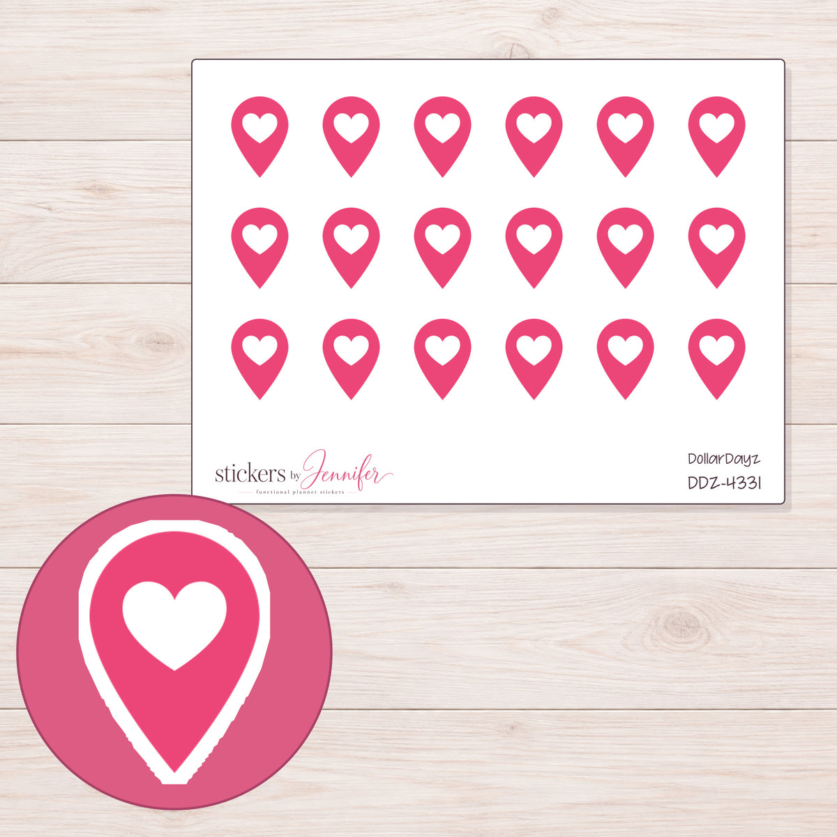 Pink Heart Location Pin Planner Stickers | DDZ-4331 — 4 × 3 inch sheet and enlarged sticker detail