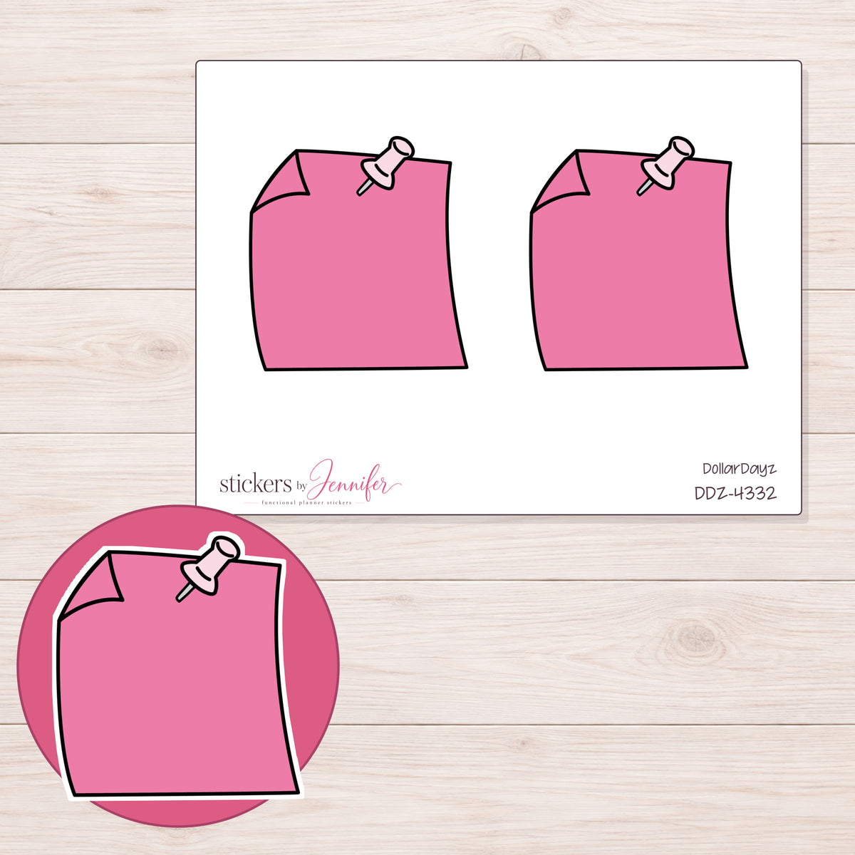 Pink Pinned Note Planner Stickers | DDZ-4332 — 4 × 3 inch sheet and enlarged sticker detail