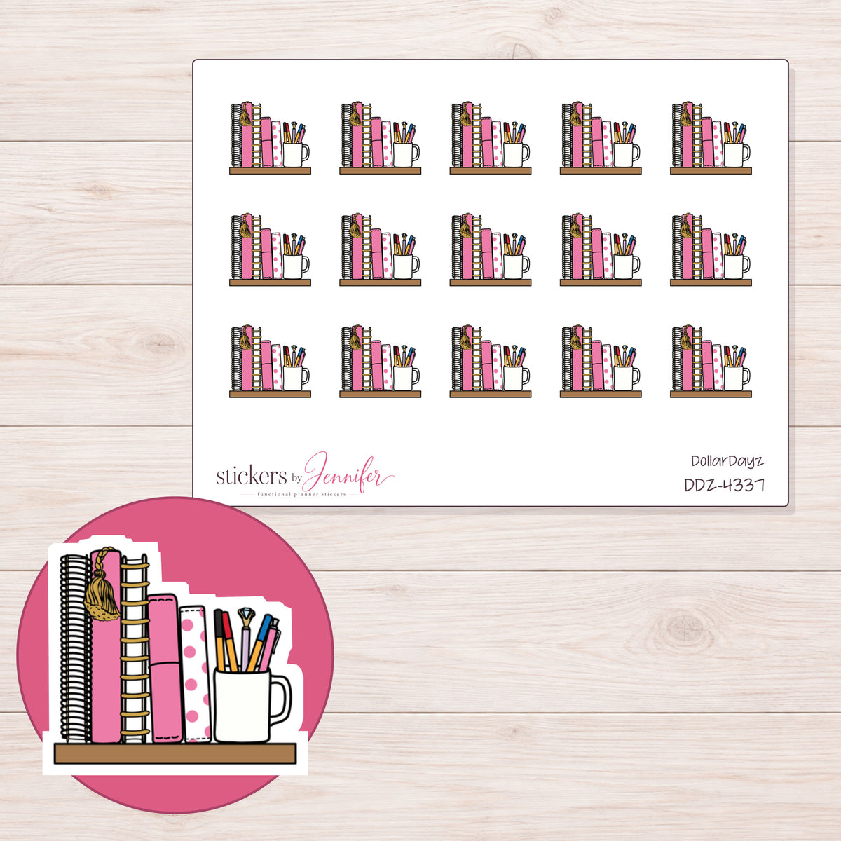 Planner Books and Pencil Cup Planner Stickers | DDZ-4337 — 4 × 3 inch sheet and enlarged sticker detail