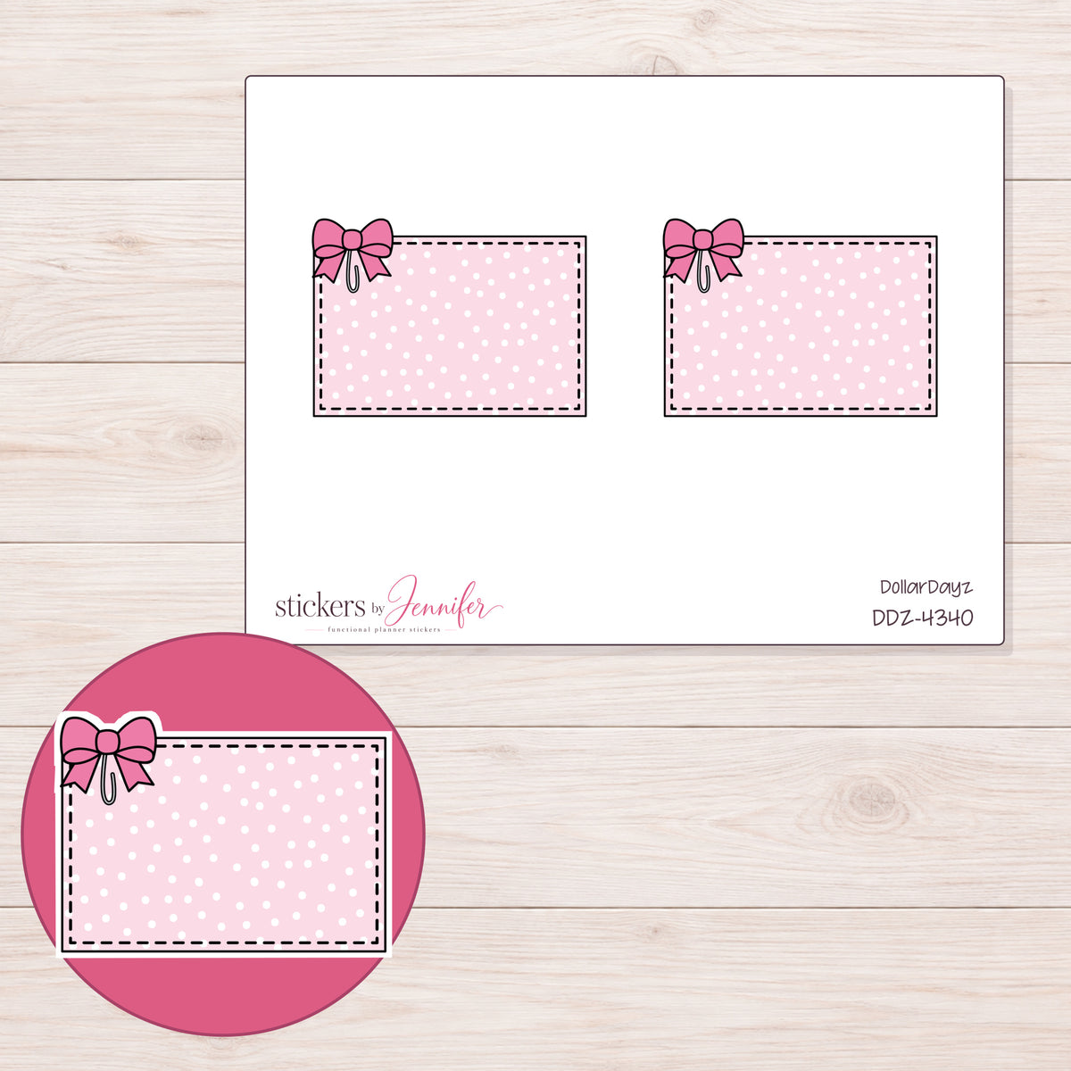 Pink Polka Dot Bow Half Box Planner Stickers | DDZ-4340 — 4 × 3 inch sheet and enlarged sticker detail