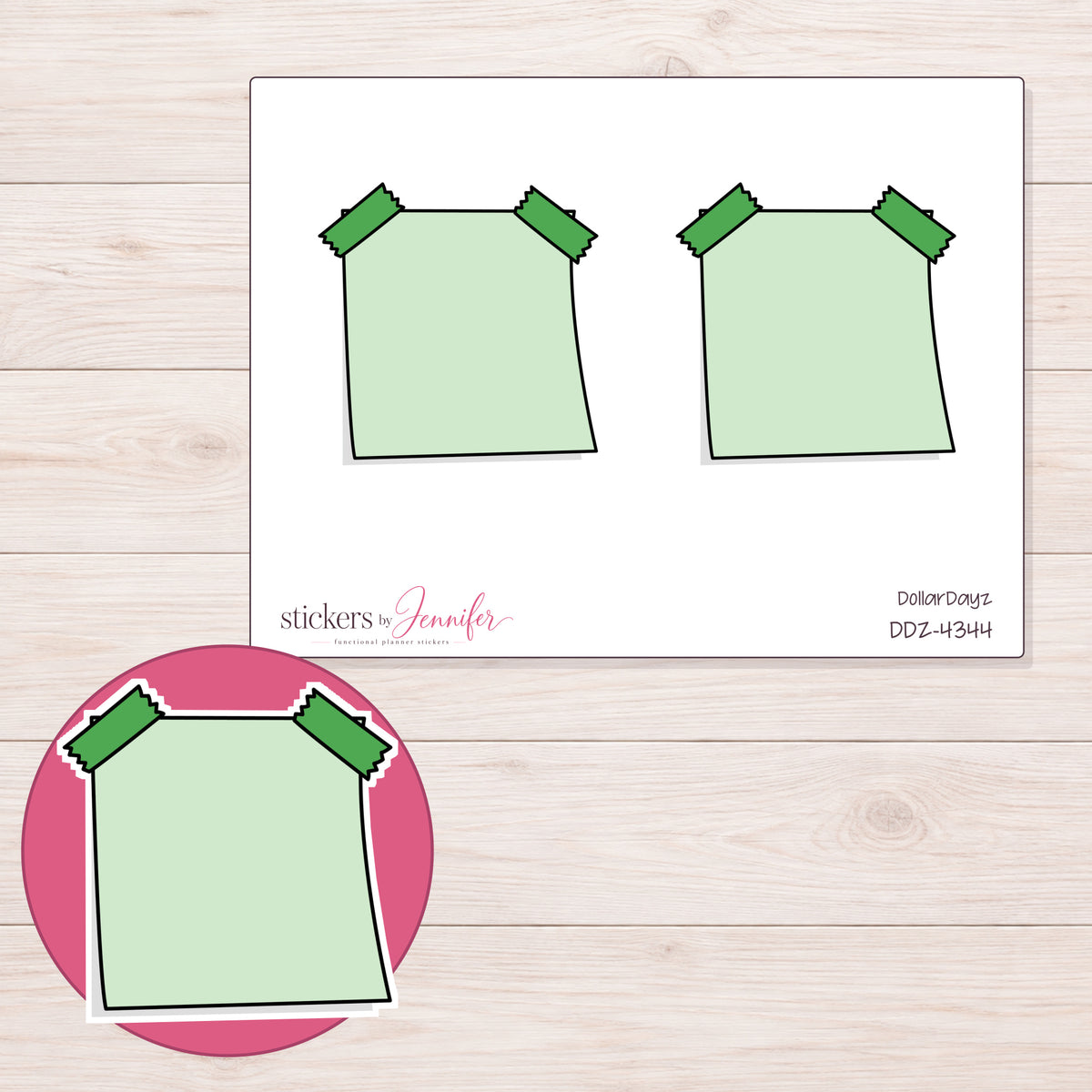 Green Double-Tape Note Planner Stickers | DDZ-4344 — 4 × 3 inch sheet and enlarged sticker detail