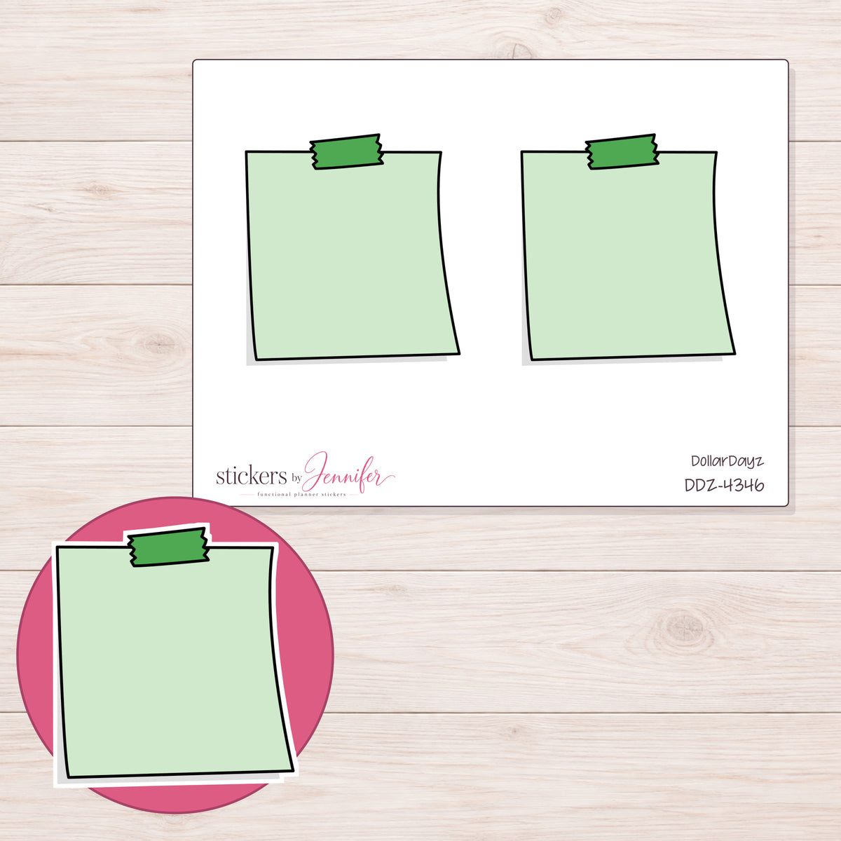 Green Top-Tape Note Planner Stickers | DDZ-4346 — 4 × 3 inch sheet and enlarged sticker detail
