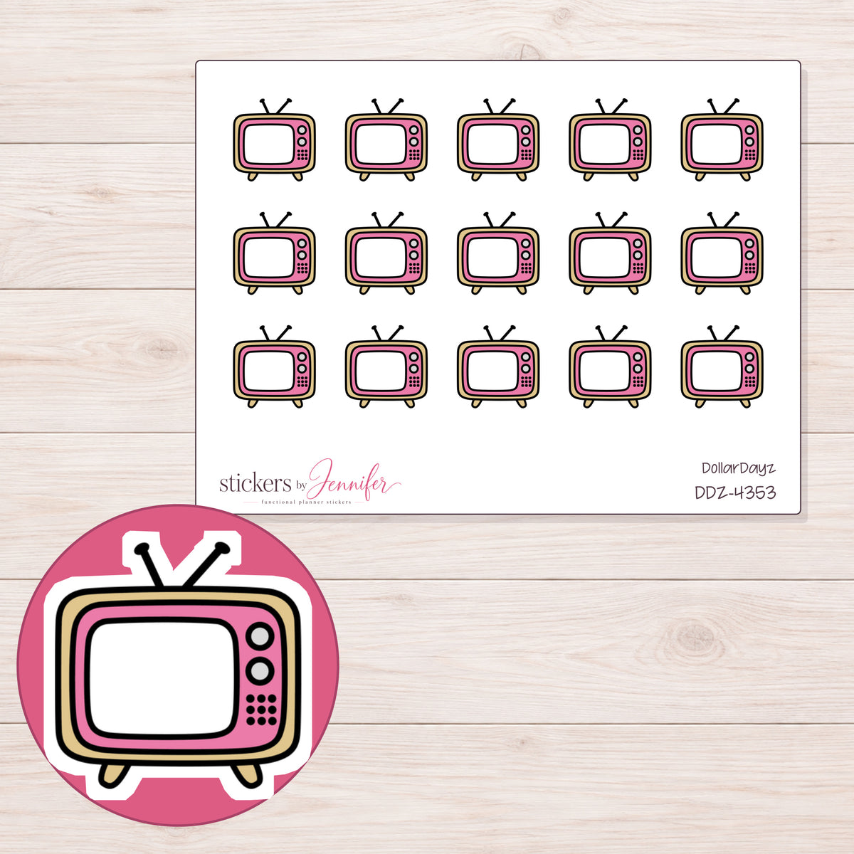 Pink Retro Television Planner Stickers | DDZ-4353 — 4 × 3 inch sheet and enlarged sticker detail