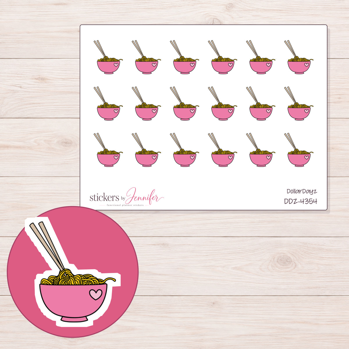 Pink Heart Ramen Bowl Planner Stickers | DDZ-4354 — 4 × 3 inch sheet and enlarged sticker detail