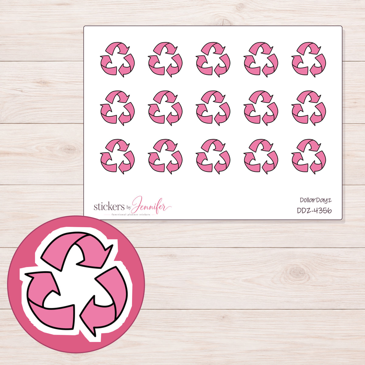Pink Recycling Symbol Planner Stickers | DDZ-4356 — 4 × 3 inch sheet and enlarged sticker detail