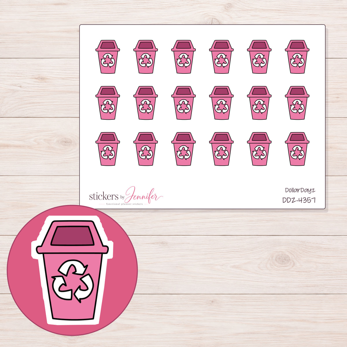 Pink Recycling Bin Planner Stickers | DDZ-4357 — 4 × 3 inch sheet and enlarged sticker detail