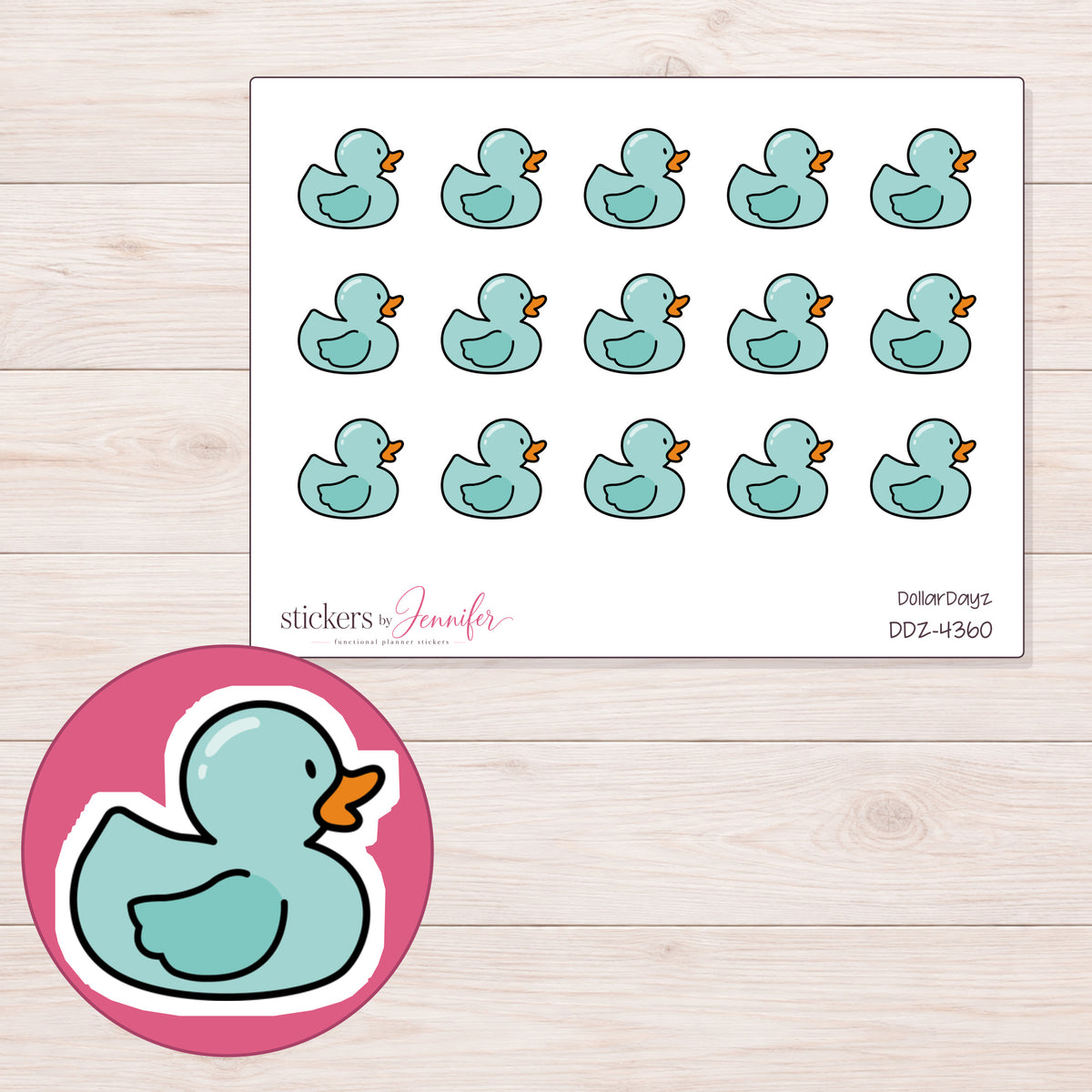 Mint Rubber Duck Planner Stickers | DDZ-4360 — 4 × 3 inch sheet and enlarged sticker detail