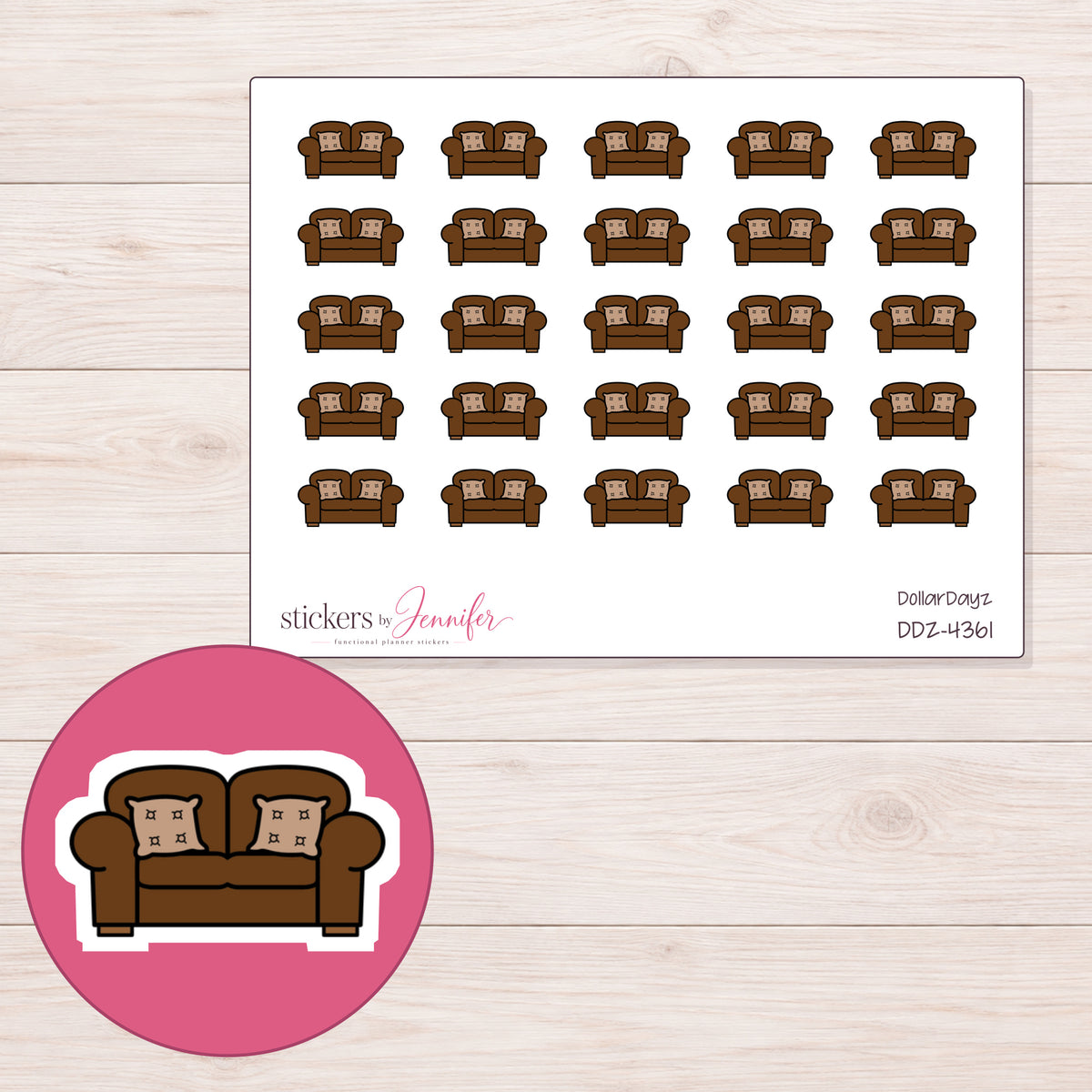 Brown Sofa Planner Stickers | DDZ-4361 — 4 × 3 inch sheet and enlarged sticker detail