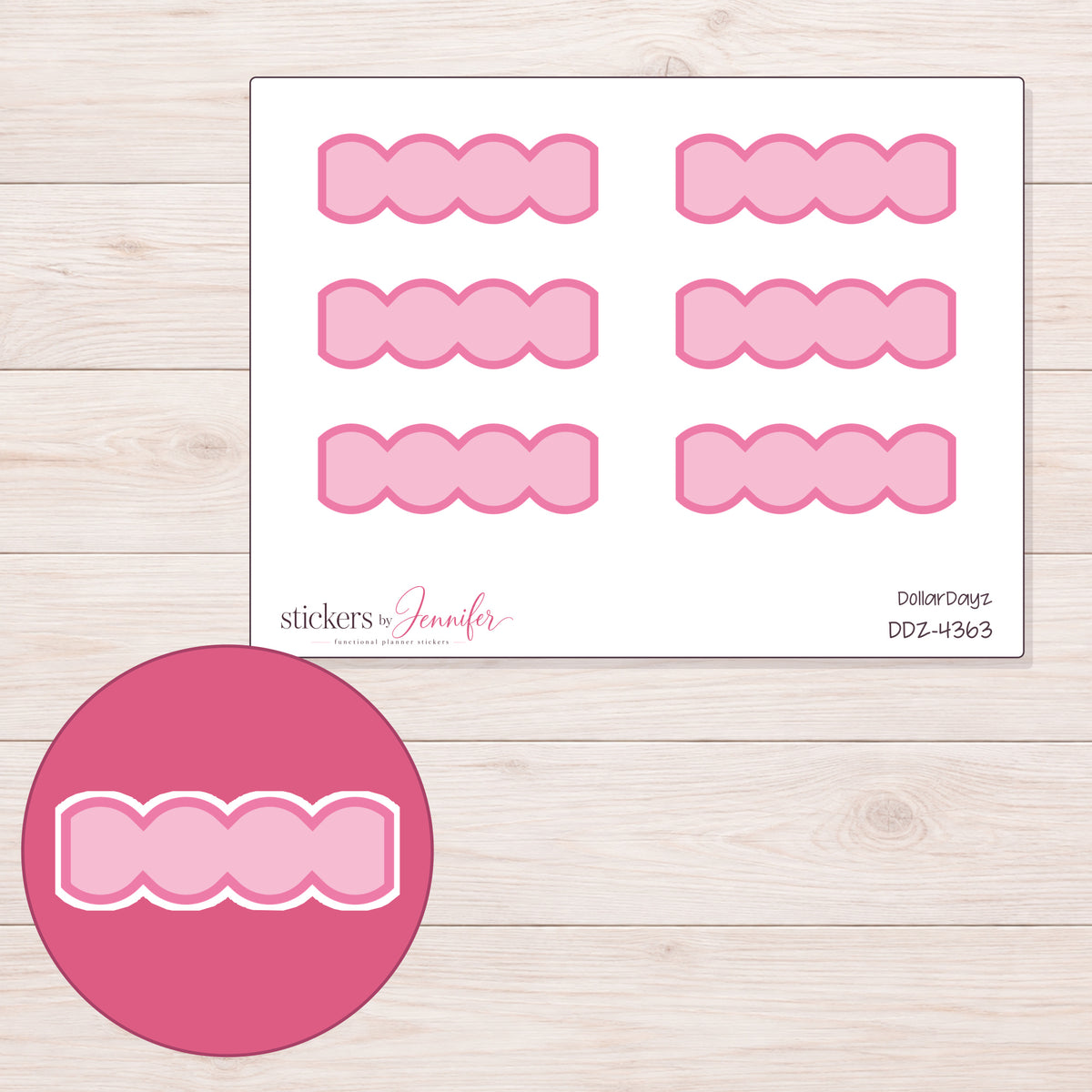 Pink Wavy Quarter Box Planner Stickers | DDZ-4363 — 4 × 3 inch sheet and enlarged sticker detail