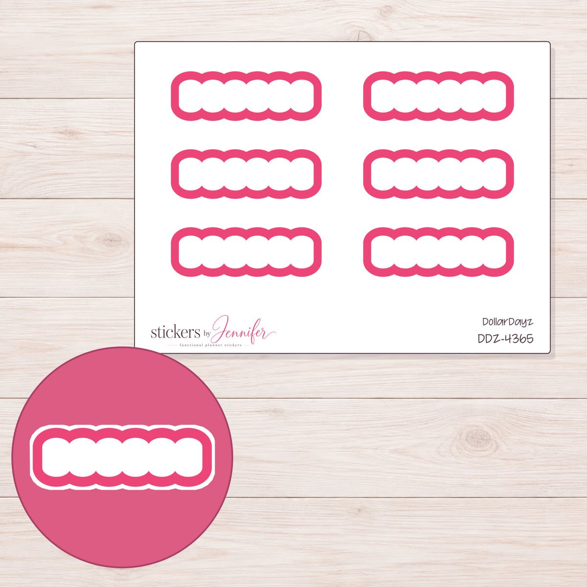 Pink Outline Scallop Quarter Box Planner Stickers | DDZ-4365 — 4 × 3 inch sheet and enlarged sticker detail