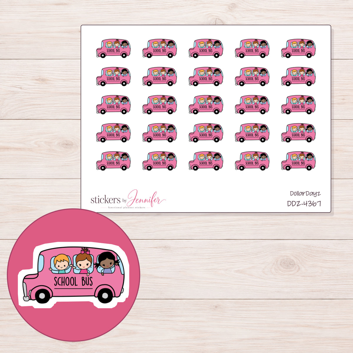 Pink School Bus with Children Planner Stickers | DDZ-4367 — 4 × 3 inch sheet and enlarged sticker detail