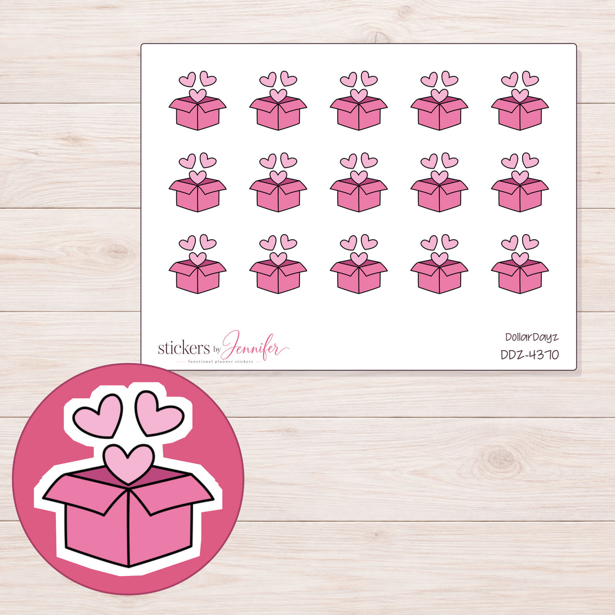 Pink Parcel with Hearts Planner Stickers | DDZ-4370 — 4 × 3 inch sheet and enlarged sticker detail