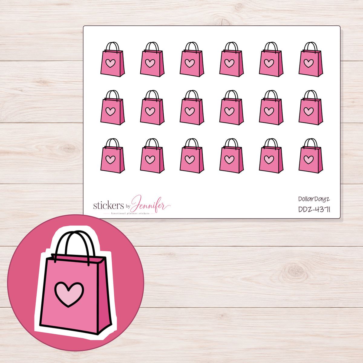 Pink Heart Shopping Bag Planner Stickers | DDZ-4371 — 4 × 3 inch sheet and enlarged sticker detail