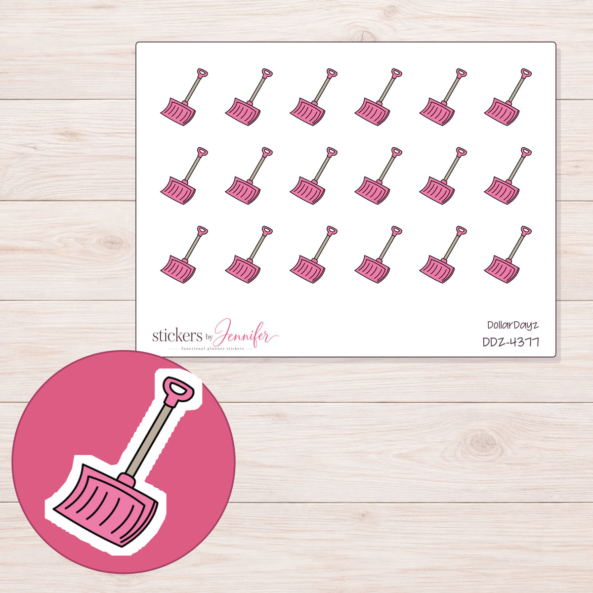 Pink Snow Shovel Planner Stickers | DDZ-4377 — 4 × 3 inch sheet and enlarged sticker detail