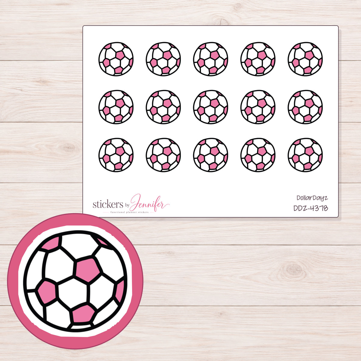 Pink Soccer Ball Planner Stickers | DDZ-4378 — 4 × 3 inch sheet and enlarged sticker detail