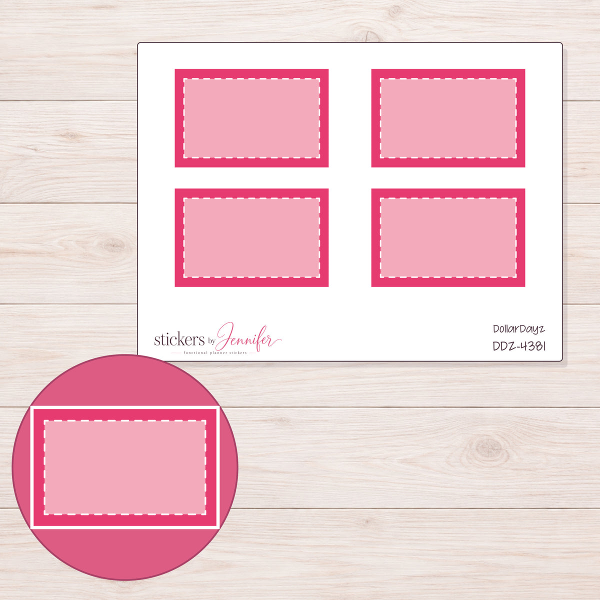 Pink Square-Corner Stitched Half Box Planner Stickers | DDZ-4381 — 4 × 3 inch sheet and enlarged sticker detail
