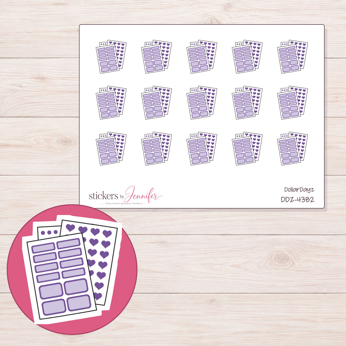 Lavender Sticker Sheets Planner Stickers | DDZ-4382 — 4 × 3 inch sheet and enlarged sticker detail