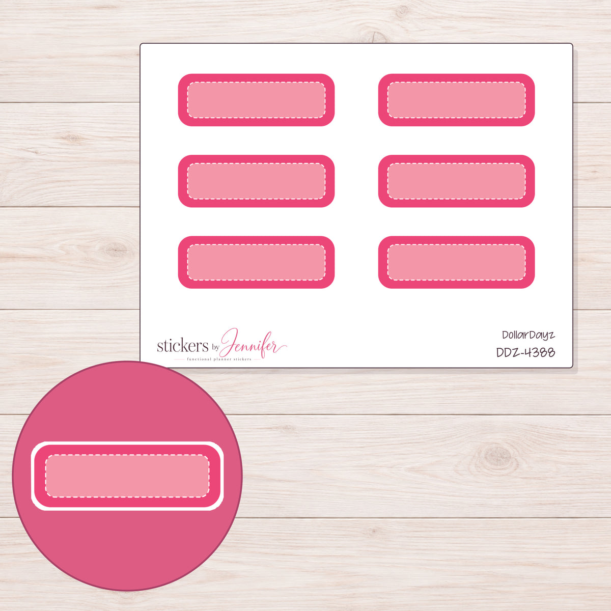 Pink Pale-Center Stitched Quarter Box Planner Stickers | DDZ-4388 — 4 × 3 inch sheet and enlarged sticker detail