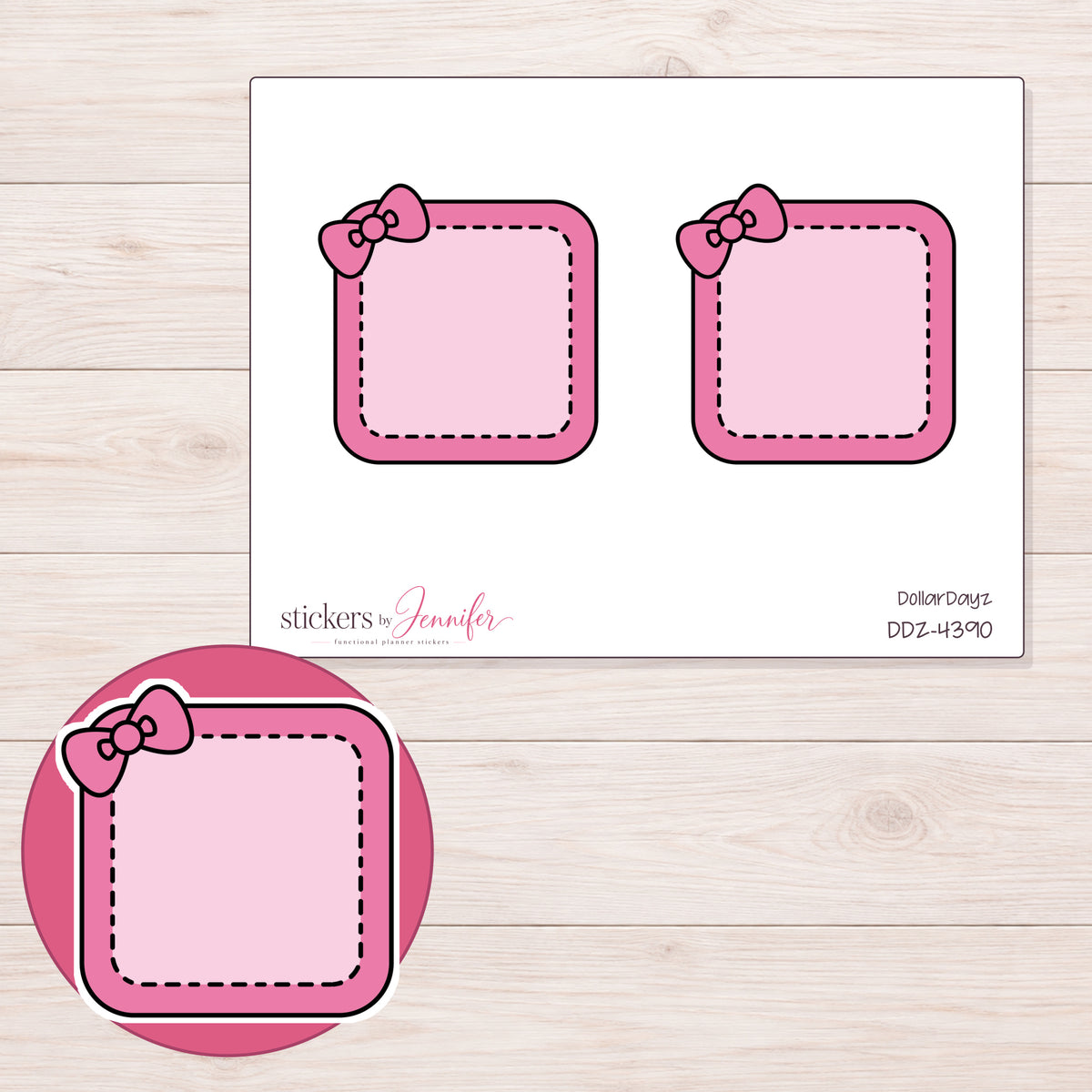 Pink Stitched Square Bow Label Planner Stickers | DDZ-4390 — 4 × 3 inch sheet and enlarged sticker detail