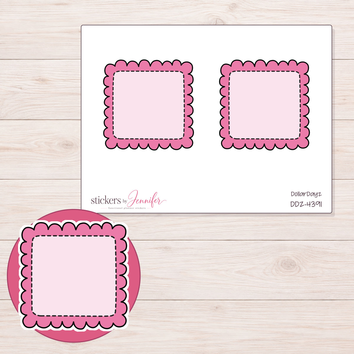 Pink Scalloped Stitched Square Planner Stickers | DDZ-4391 — 4 × 3 inch sheet and enlarged sticker detail