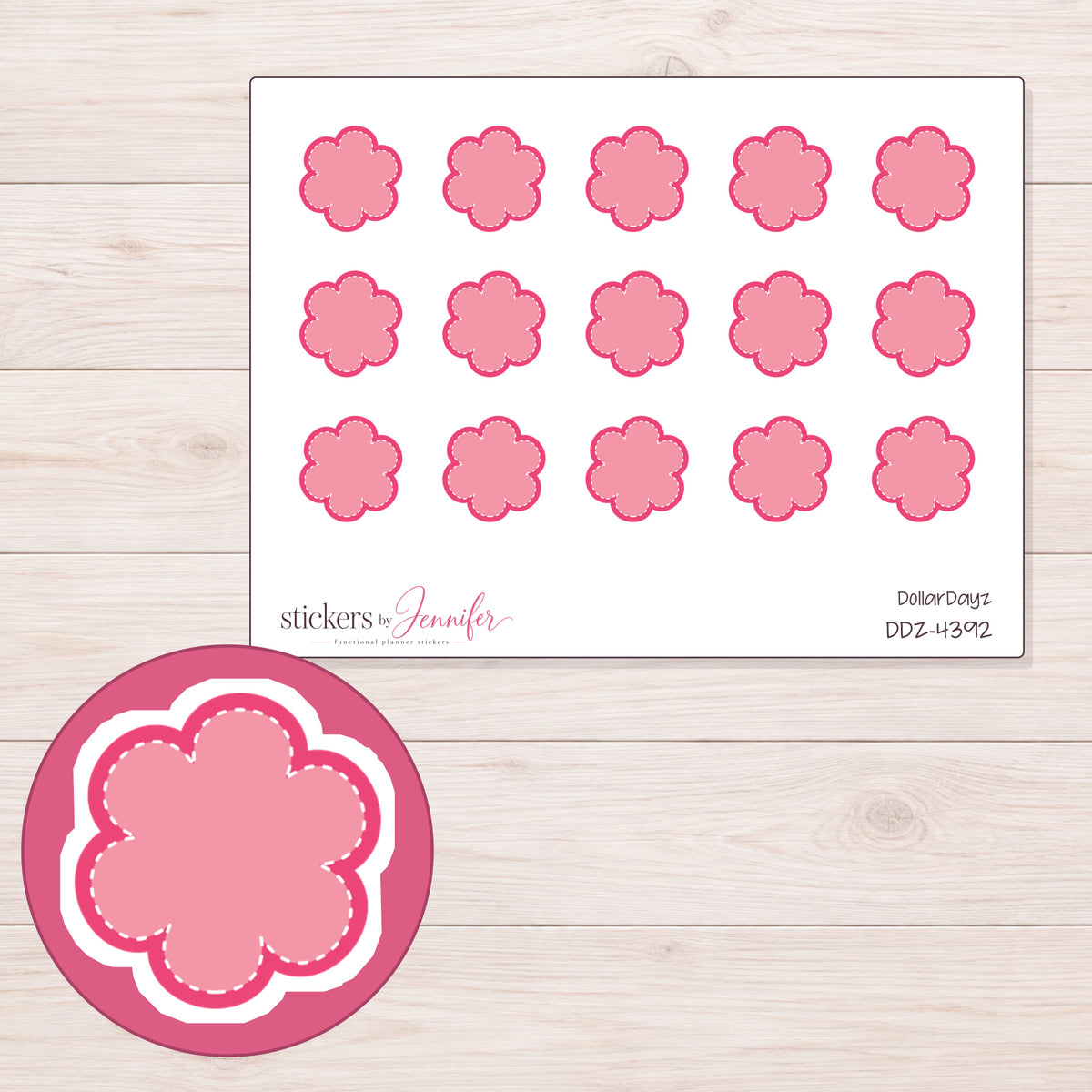 Pink Stitched Flower Planner Stickers | DDZ-4392 — 4 × 3 inch sheet and enlarged sticker detail