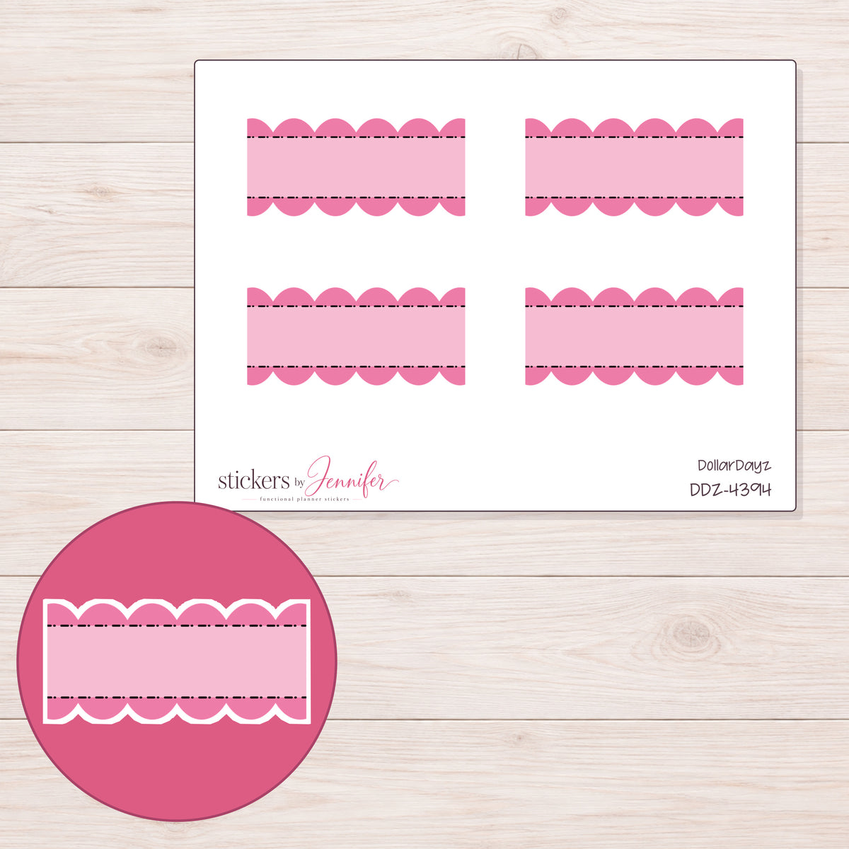 Pink Stitched Scallop Stripe Label Planner Stickers | DDZ-4394 — 4 × 3 inch sheet and enlarged sticker detail