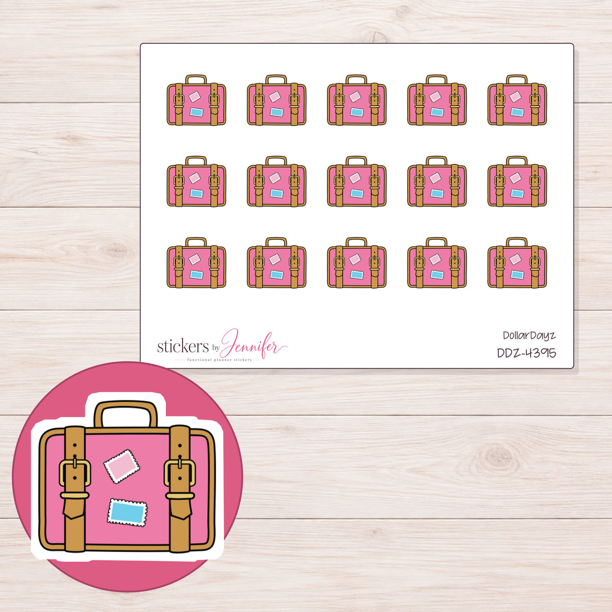 Pink Travel Suitcase Planner Stickers | DDZ-4395 — 4 × 3 inch sheet and enlarged sticker detail