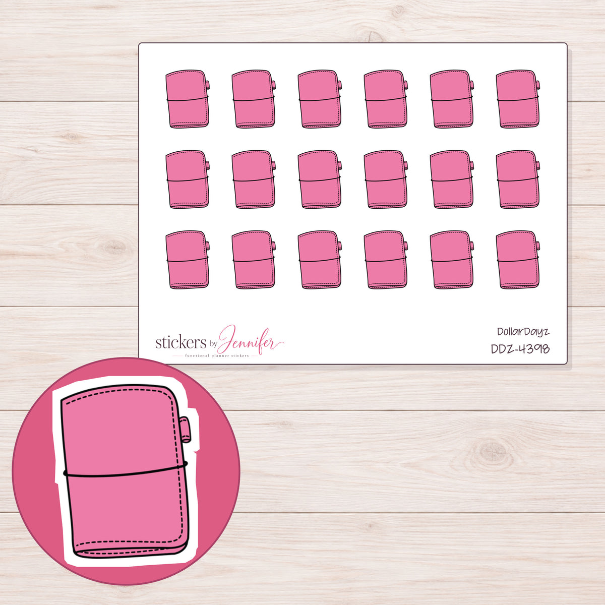 Pink Wrap Notebook Planner Stickers | DDZ-4398 — 4 × 3 inch sheet and enlarged sticker detail