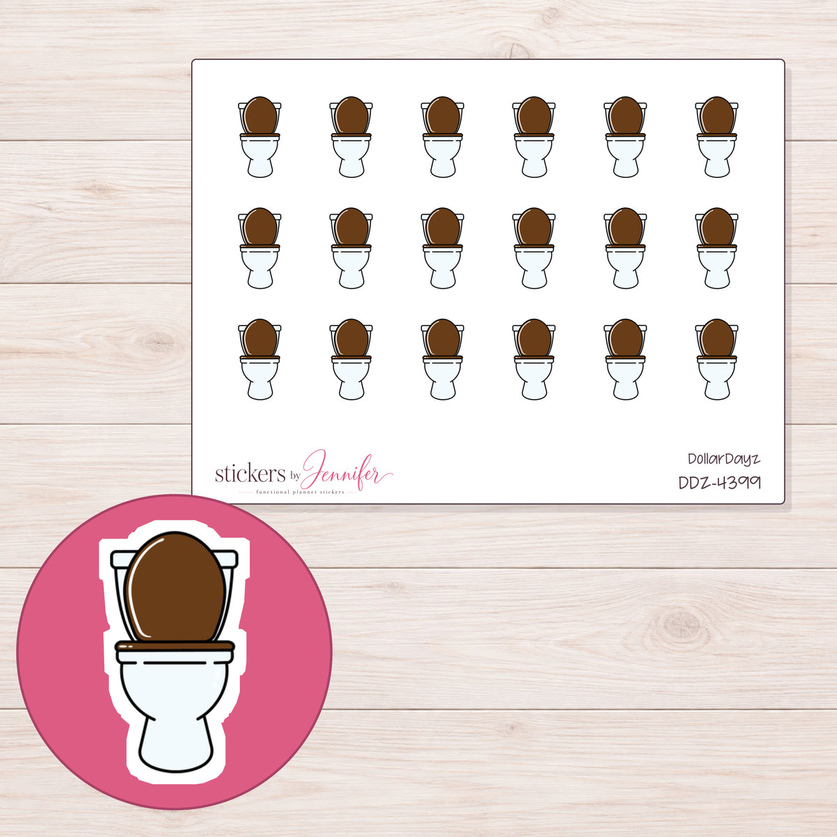 White Toilet with Brown Seat Planner Stickers | DDZ-4399 — 4 × 3 inch sheet and enlarged sticker detail