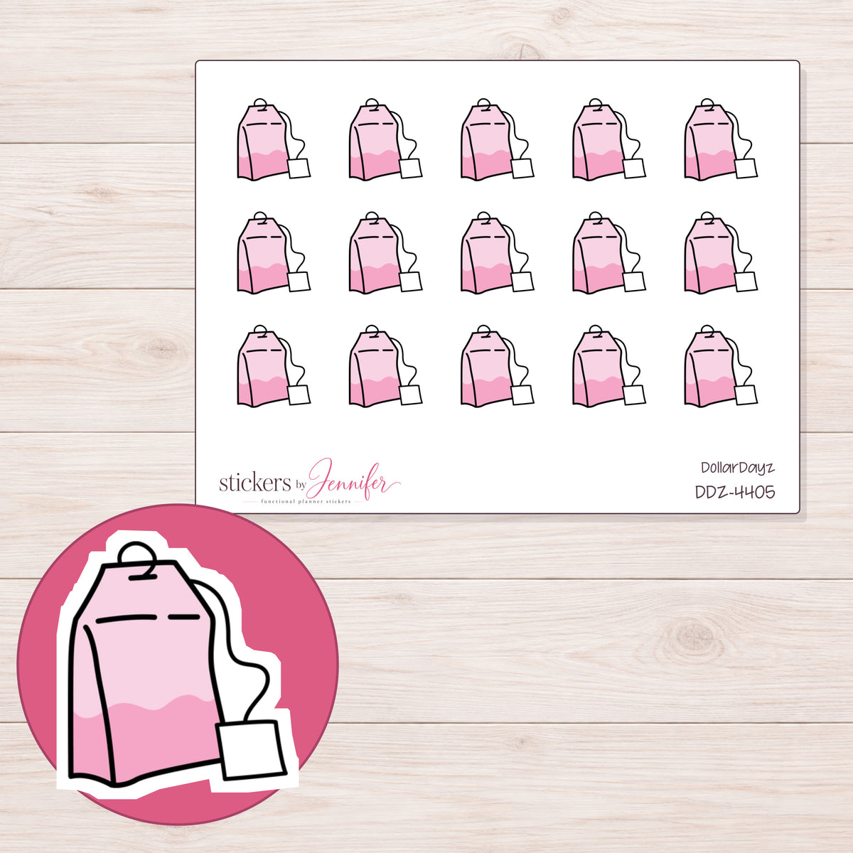 Pink Tea Bag Planner Stickers | DDZ-4405 — 4 × 3 inch sheet and enlarged sticker detail