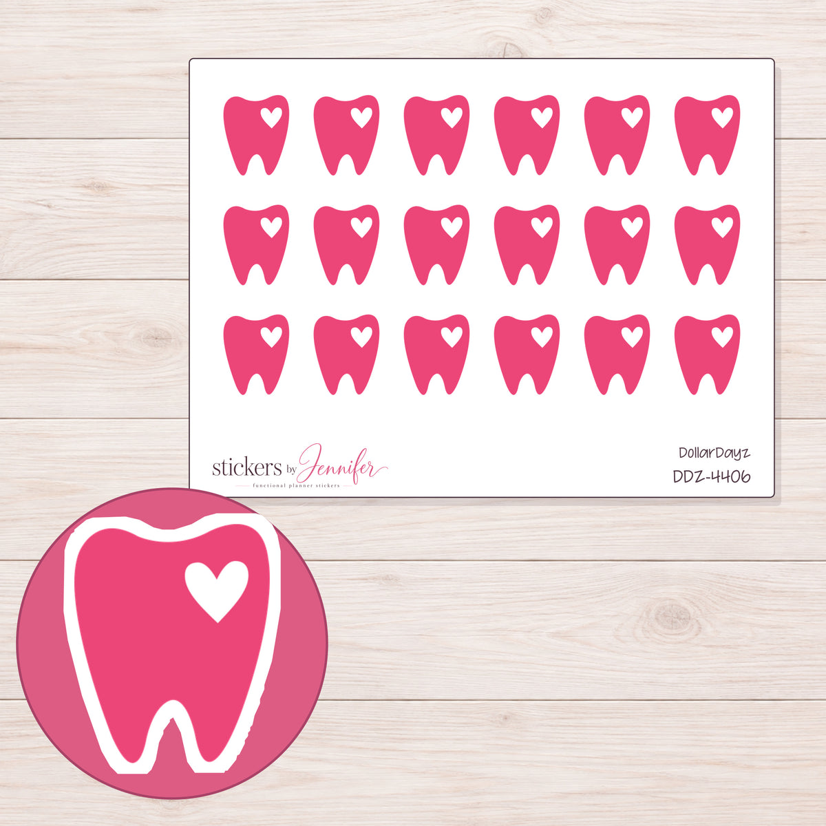 Pink Heart Tooth Planner Stickers | DDZ-4406 — 4 × 3 inch sheet and enlarged sticker detail