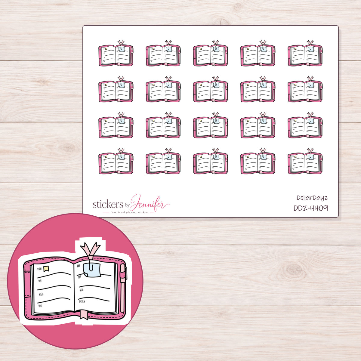 Open Planner with Ribbon Clip Planner Stickers | DDZ-4409 — 4 × 3 inch sheet and enlarged sticker detail