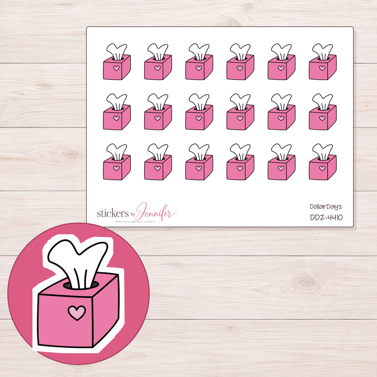 Pink Heart Tissue Box Planner Stickers | DDZ-4410 — 4 × 3 inch sheet and enlarged sticker detail