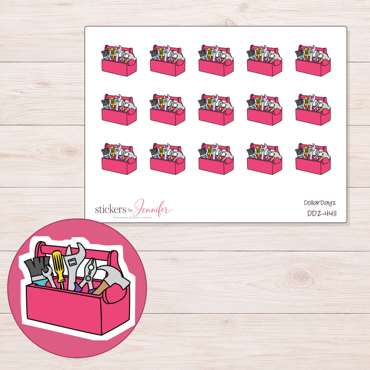 Pink Toolbox Planner Stickers | DDZ-4411 — 4 × 3 inch sheet and enlarged sticker detail