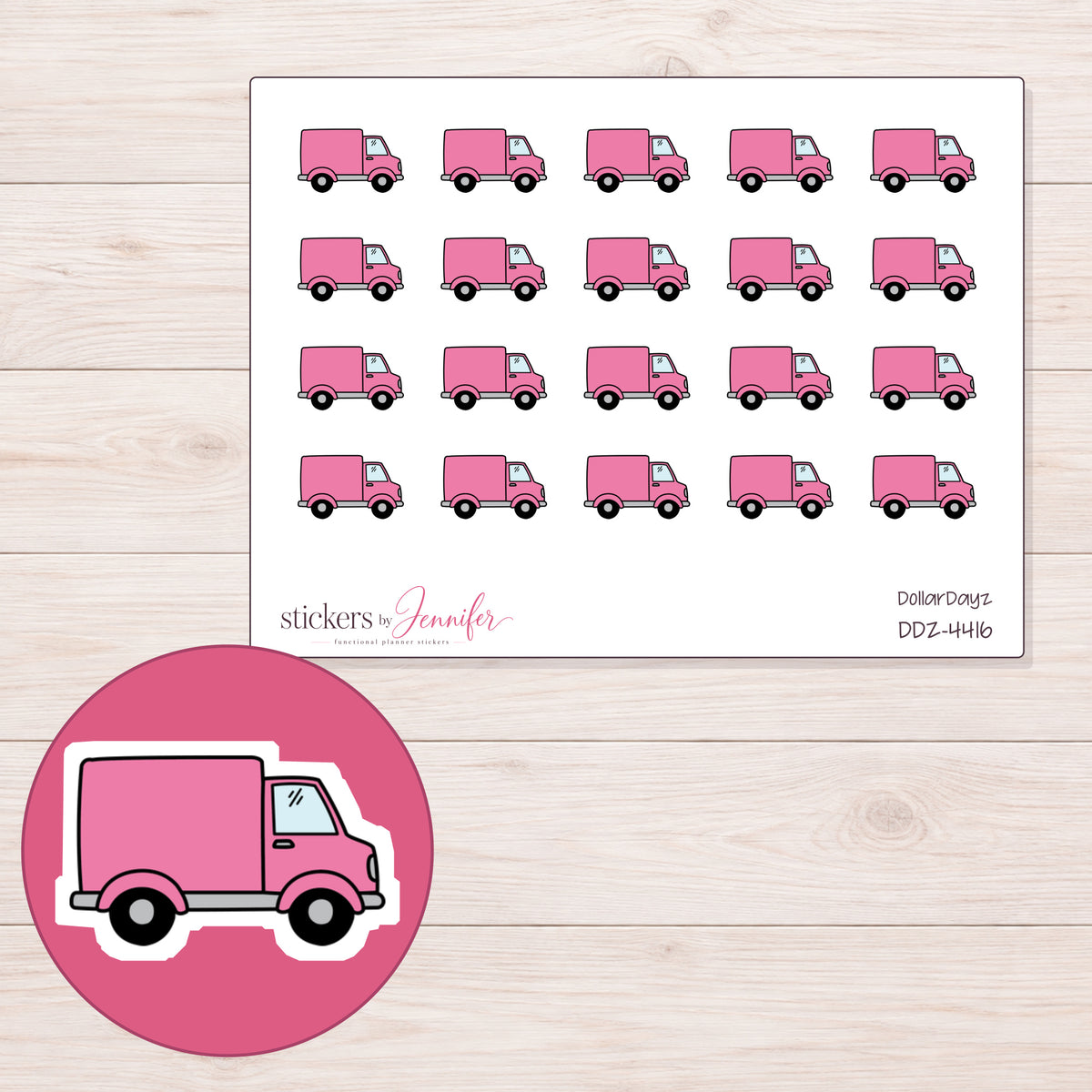 Pink Delivery Truck Planner Stickers | DDZ-4416 — 4 × 3 inch sheet and enlarged sticker detail