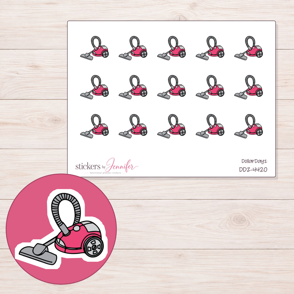 Pink Canister Vacuum Planner Stickers | DDZ-4420 — 4 × 3 inch sheet and enlarged sticker detail