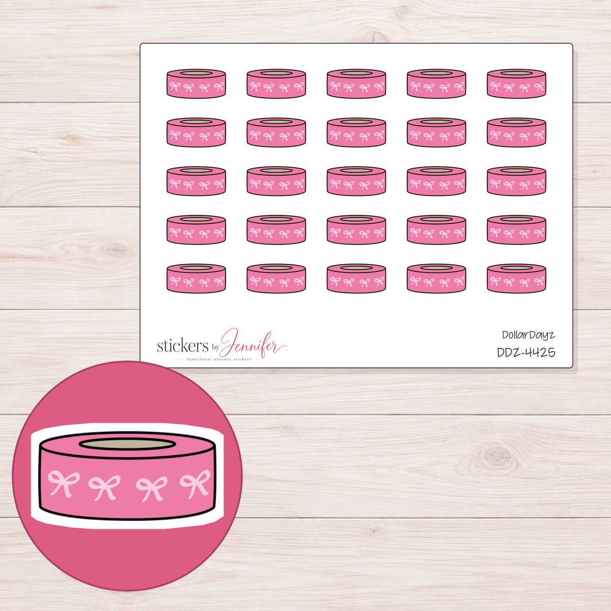Pink Bow Pattern Washi Roll Planner Stickers | DDZ-4425 — 4 × 3 inch sheet and enlarged sticker detail