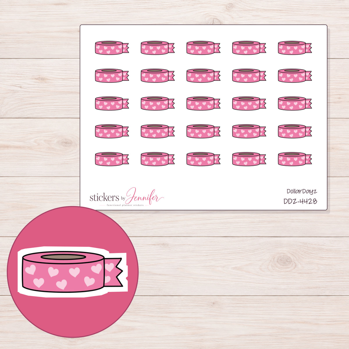 Pink Heart Washi with Loose End Planner Stickers | DDZ-4428 — 4 × 3 inch sheet and enlarged sticker detail